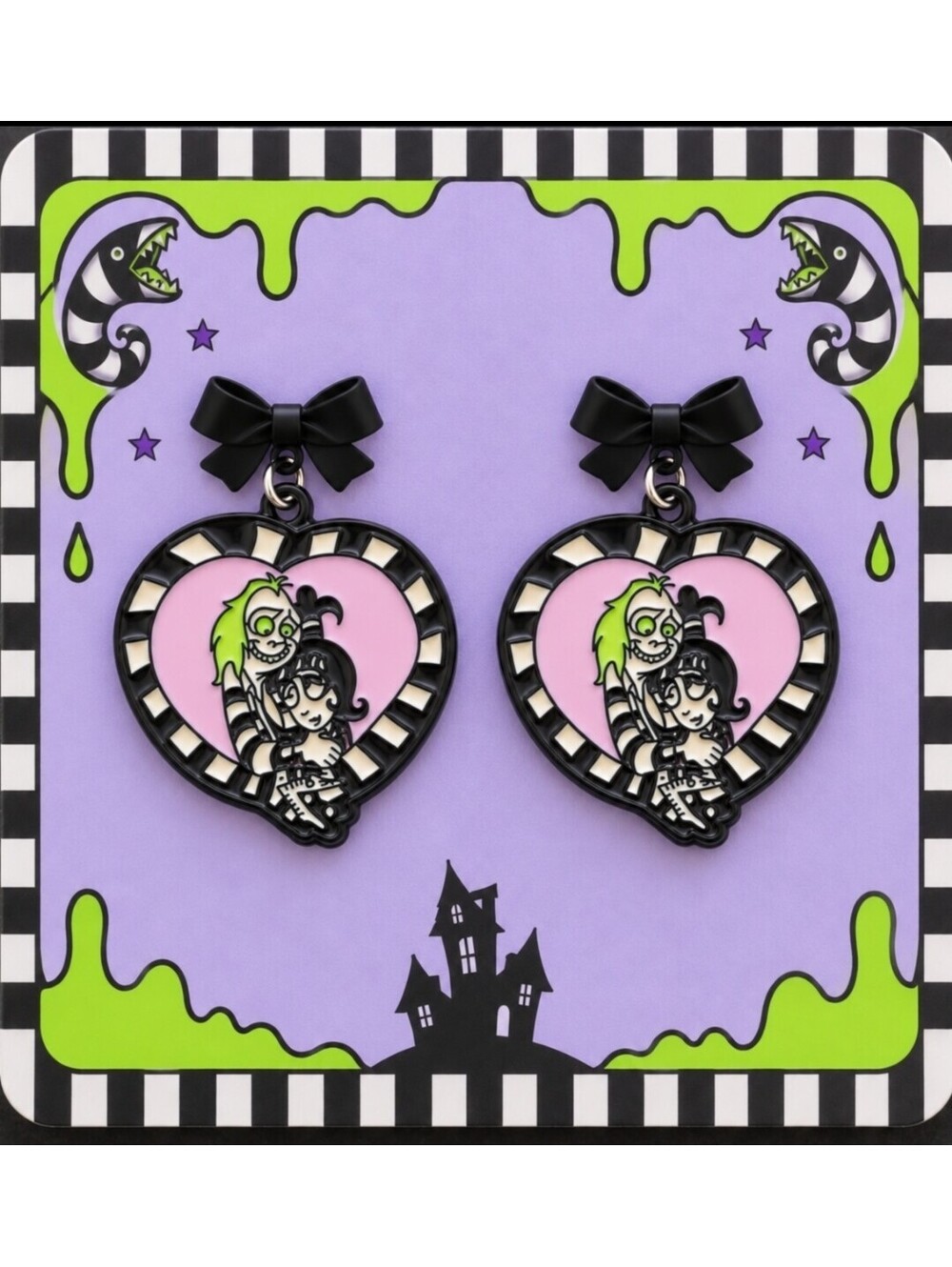 90s Cartoon Beetlejuice & Lydia Deetz Happy Halloween Heart Earrings